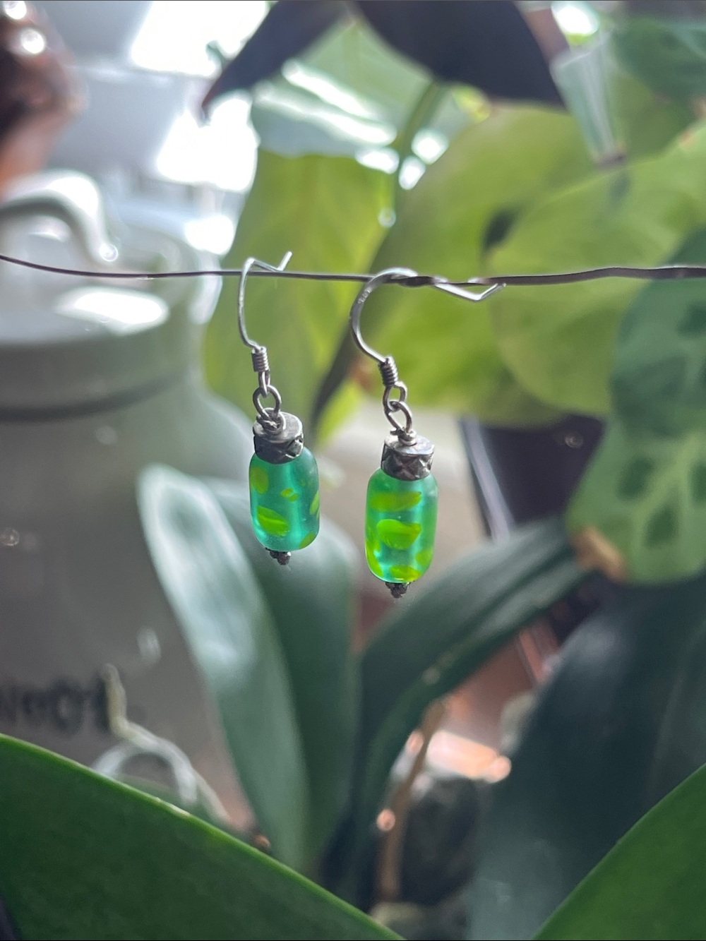 Handmade Green Lampwork Glass Bead Drop Earrings 925 Sterling Silver